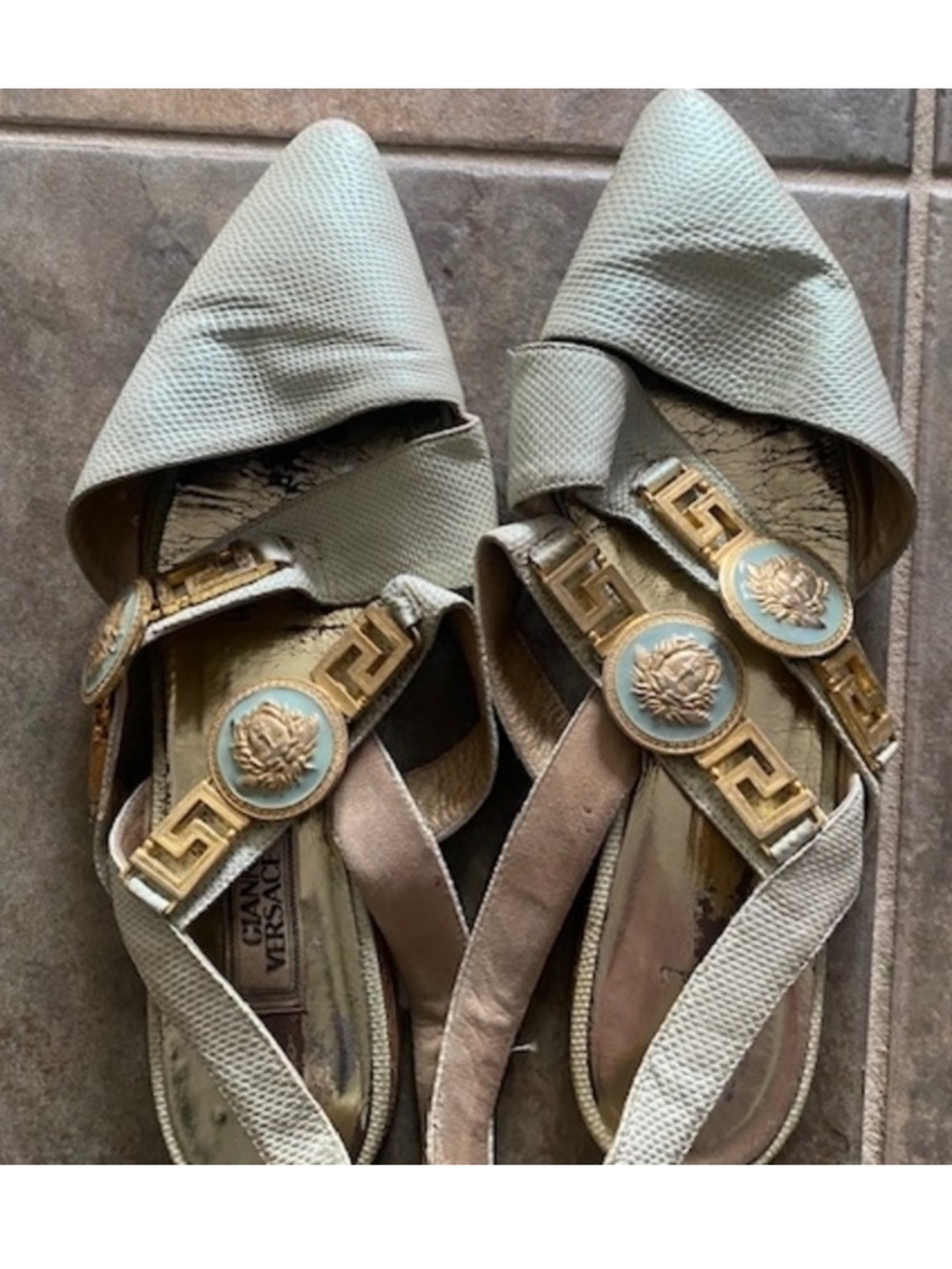 Versace Pale Blue-Green Pointed Slingback Flats with Gold Medallions